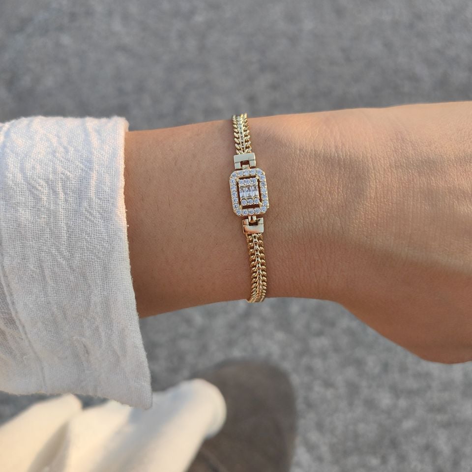 14K ALTIN KAPLAMA BAGET TAŞLI BİLEKLİK