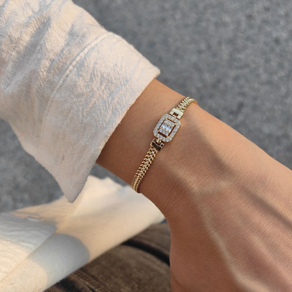 14K ALTIN KAPLAMA BAGET TAŞLI BİLEKLİK