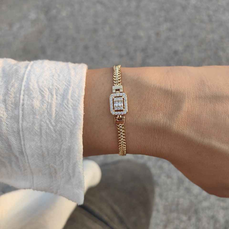 14K ALTIN KAPLAMA BAGET TAŞLI BİLEKLİK