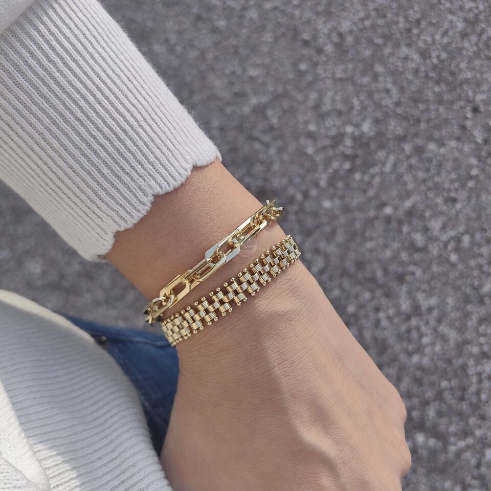 14K ALTIN KAPLAMA TAŞSIZ BİLEKLİK KOMBİN