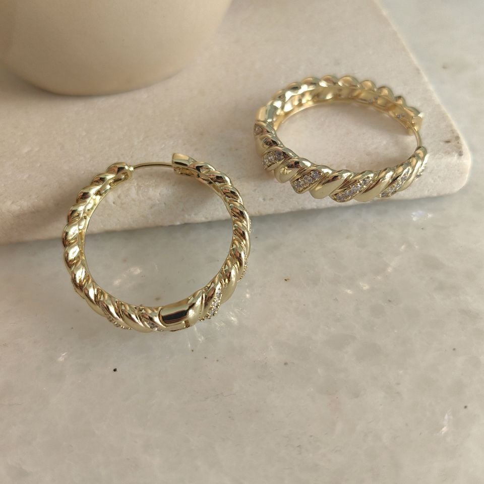 14K ALTIN KAPLAMA TAŞLI HALKA KÜPE