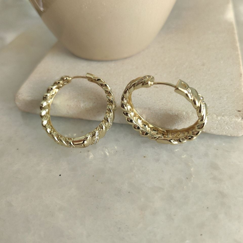 14K ALTIN KAPLAMA TAŞLI HALKA KÜPE