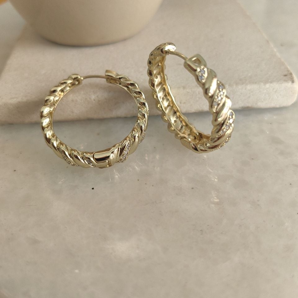 14K ALTIN KAPLAMA TAŞLI HALKA KÜPE